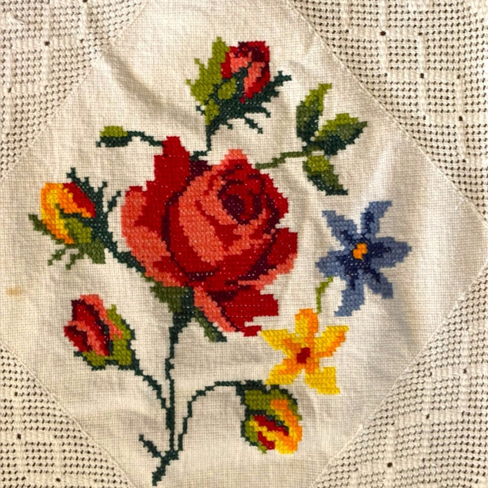 Vintage Floral Cross Stitch Embroidered White Cotton Tablecloth